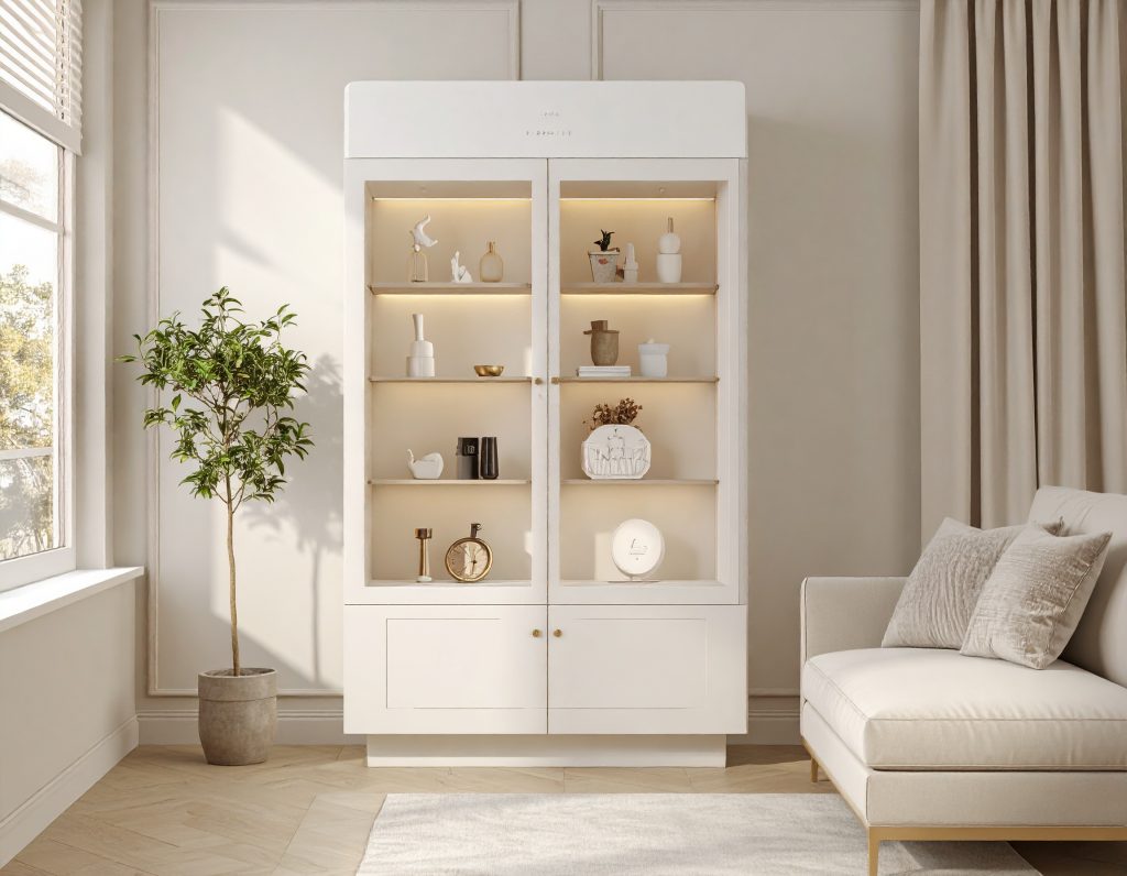 Jolie vitrine en bois blanc placée à la lumière du jour