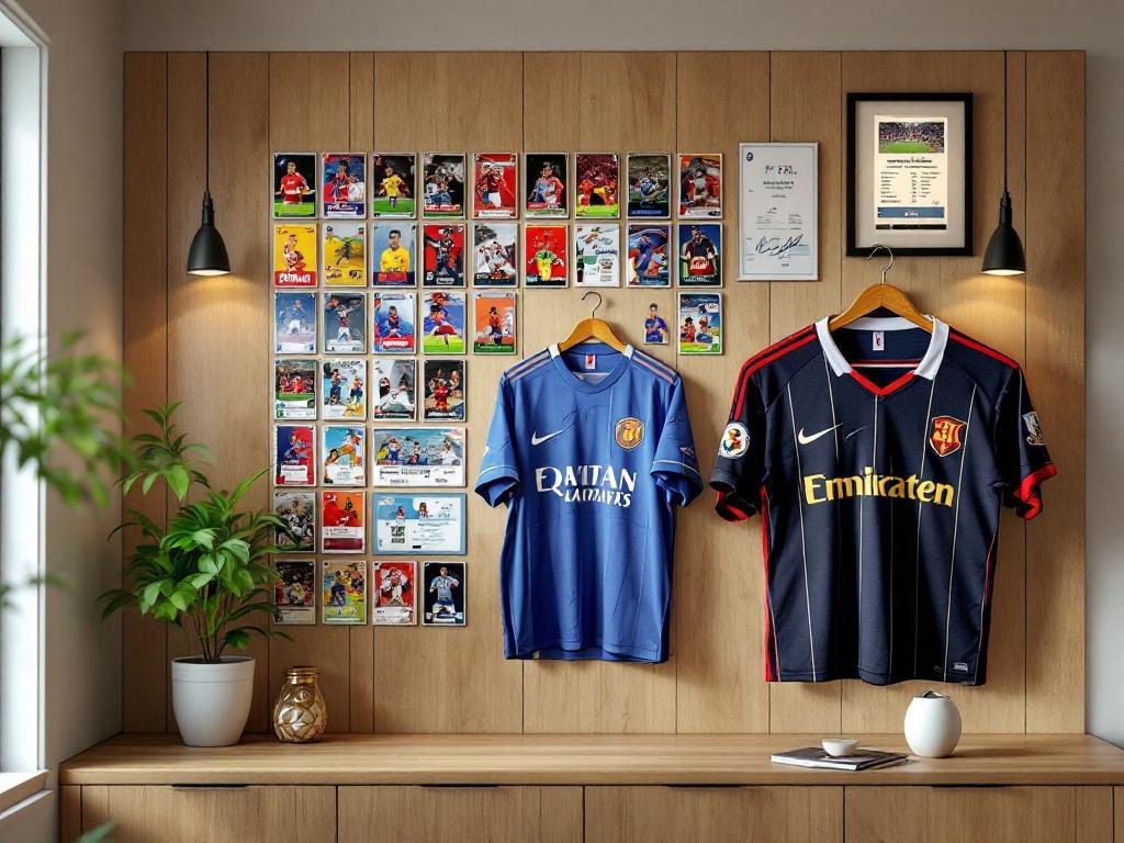 Maillots et cartes de collection de football exposés au mur