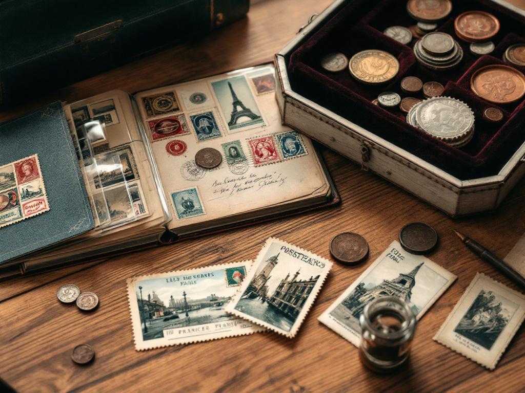 Pièces et timbres de collection posés sur une table en bois