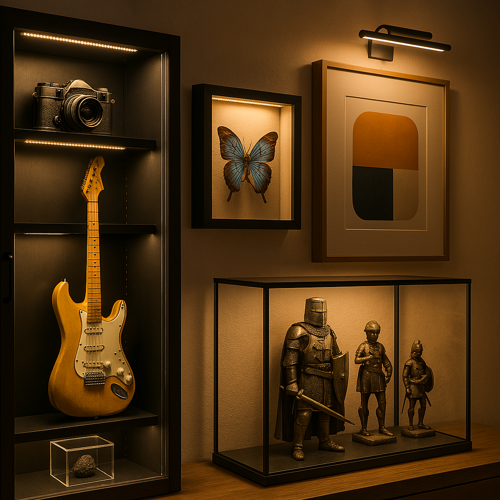 Plusieurs objets exposés au mur avec une lumière chaude