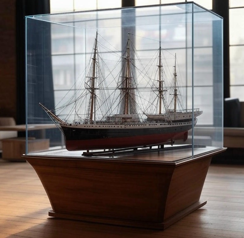 Maquette de bateau sous cloche à la lumière naturelle