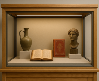 Objets de collection exposés dans une vitrine en bois conçue pour protéger les pièces fragiles de la lumière et de l’humidité.