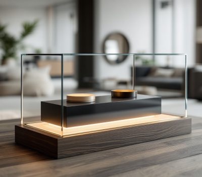 Petits objets exposés sous une cloche en Plexiglas